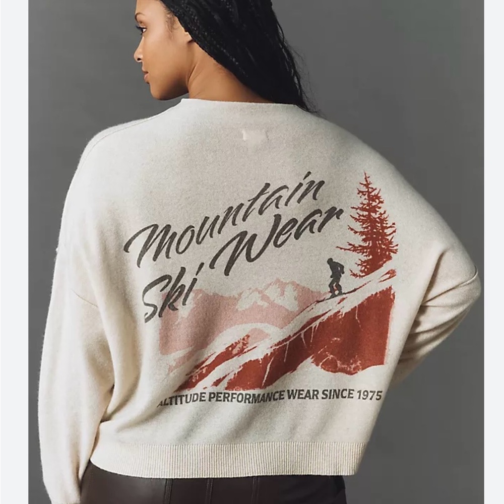 Pilcro Cream Crewneck Sweater with Rust Mountain Graphic